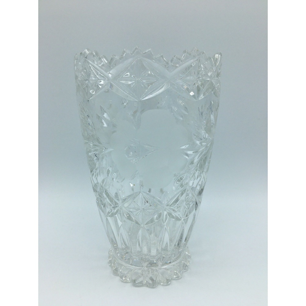 American Brilliant Cut Glass Vase Etched Rose Flowers Diamond Points 7" Clear